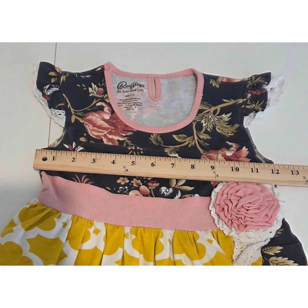 Ruffles by Tutu and Lulu Girls Floral Lace Ruffle Dress Pink Yellow Size 6-7Y
